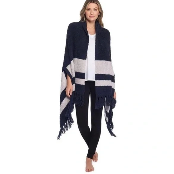 Barefoot Dreams Cozychic Malibu Wrap Indigo/Oyster Stripe OS - Picture 4 of 13